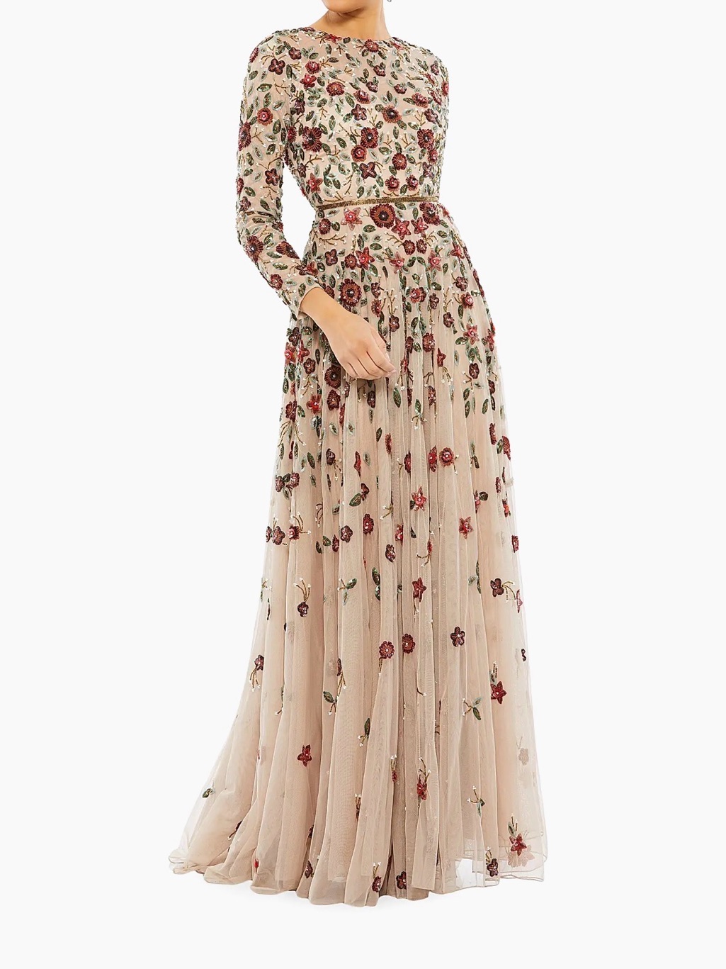 Mac Duggal Vintage Rose Maxi Gown With Red Floral Embroidery
